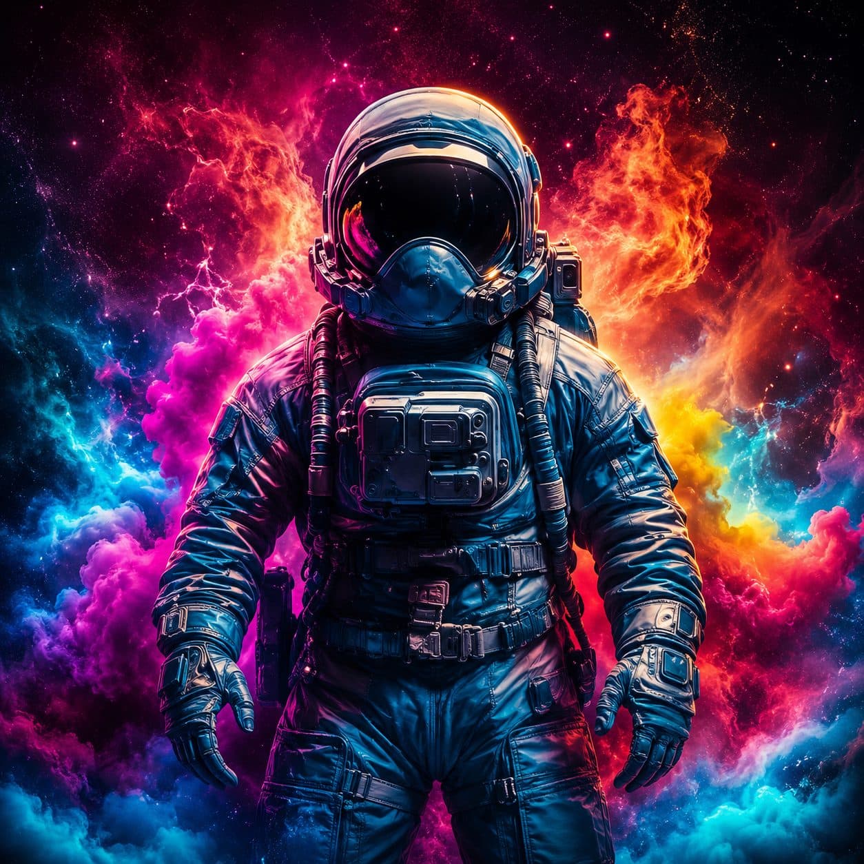 The Galactic Supps astronaut in a color-storm nebula