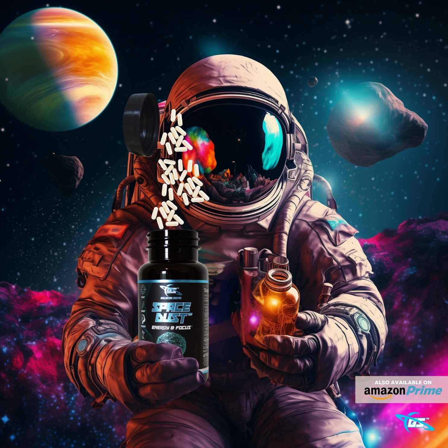 Space Dust nootropic brain supplement held by astronaut with galactic space background — clean energy and mental clarity visual