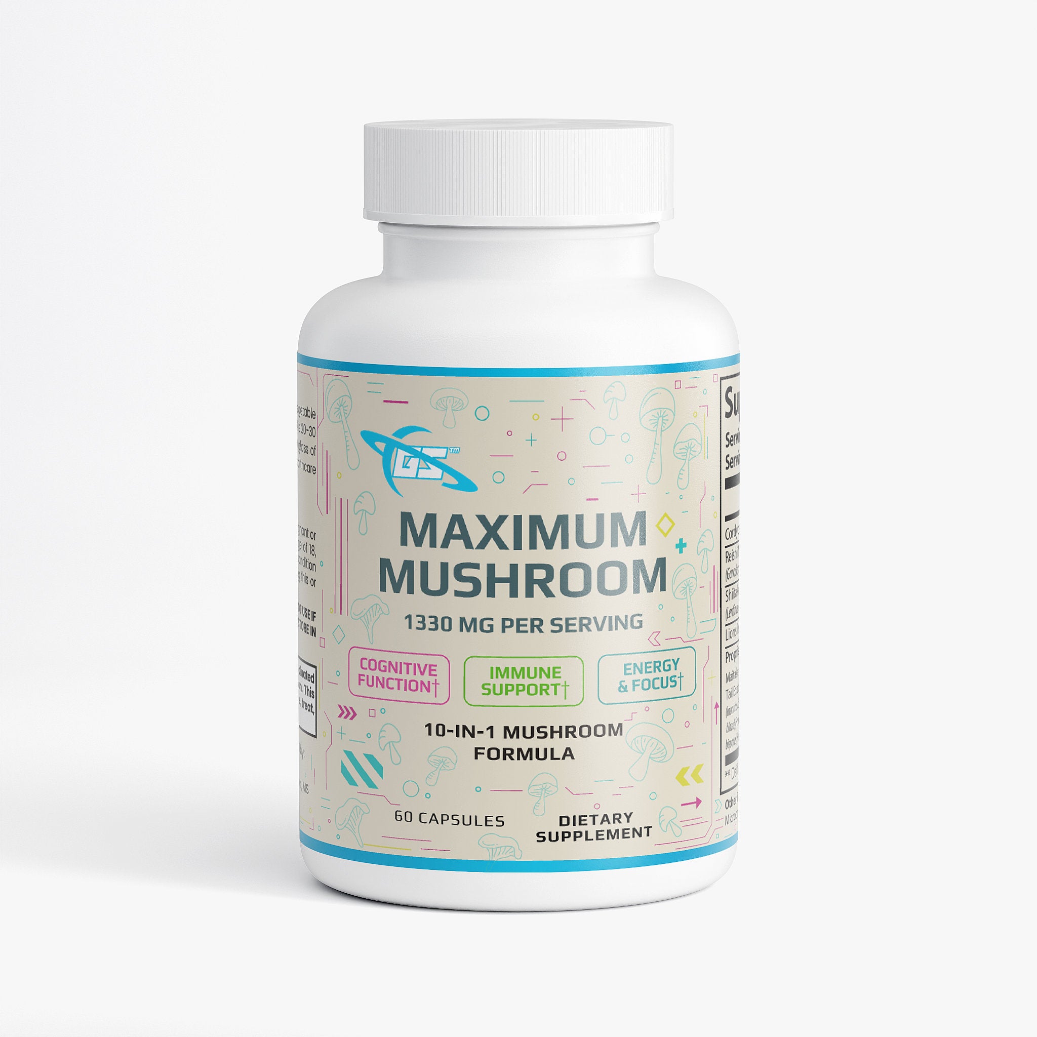 Máximo de Hongos - Mezcla de 10 Hongos (60 Cápsulas): Melena de León, Reishi, Cordyceps, Chaga, Maitake, Shiitake, Cola de Pavo, Botón Blanco, Hongo Negro y Sol Real