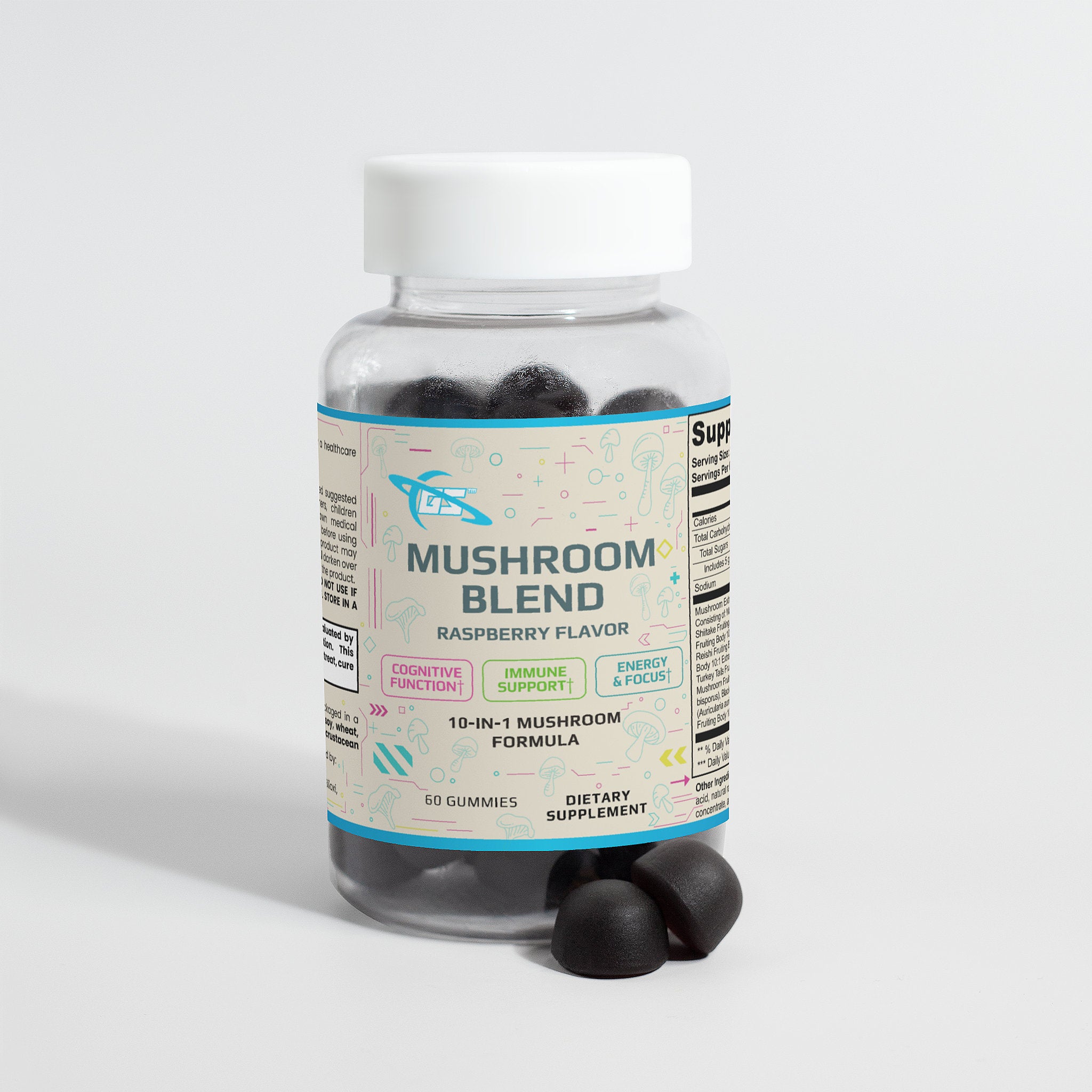 10x Mushroom Blend Gummies, Raspberry Flavored, 10:1 Extract of 10 Mushrooms