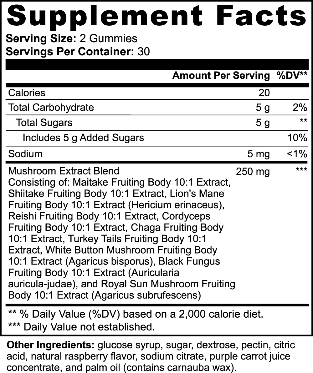 10x Mushroom Blend Gummies, Raspberry Flavored, 10:1 Extract of 10 Mushrooms: Lion’s Mane, Reishi, Cordyceps, Chaga, Maitake, Shiitake, Turkey Tail, White Button, Black Fungus, & Royal Sun