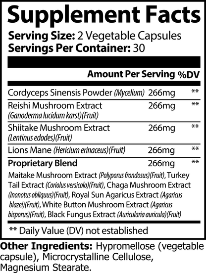 Maximum Mushroom - 10x Mushroom Blend (60 Capsules) Lion’s Mane, Reishi, Cordyceps, Chaga, Maitake, Shiitake, Turkey Tail, White Button, Black Fungus, & Royal Sun