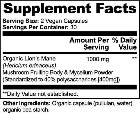 Hongo melena de león orgánico para la memoria, la concentración, la cognición general y la circulación (60 cápsulas)