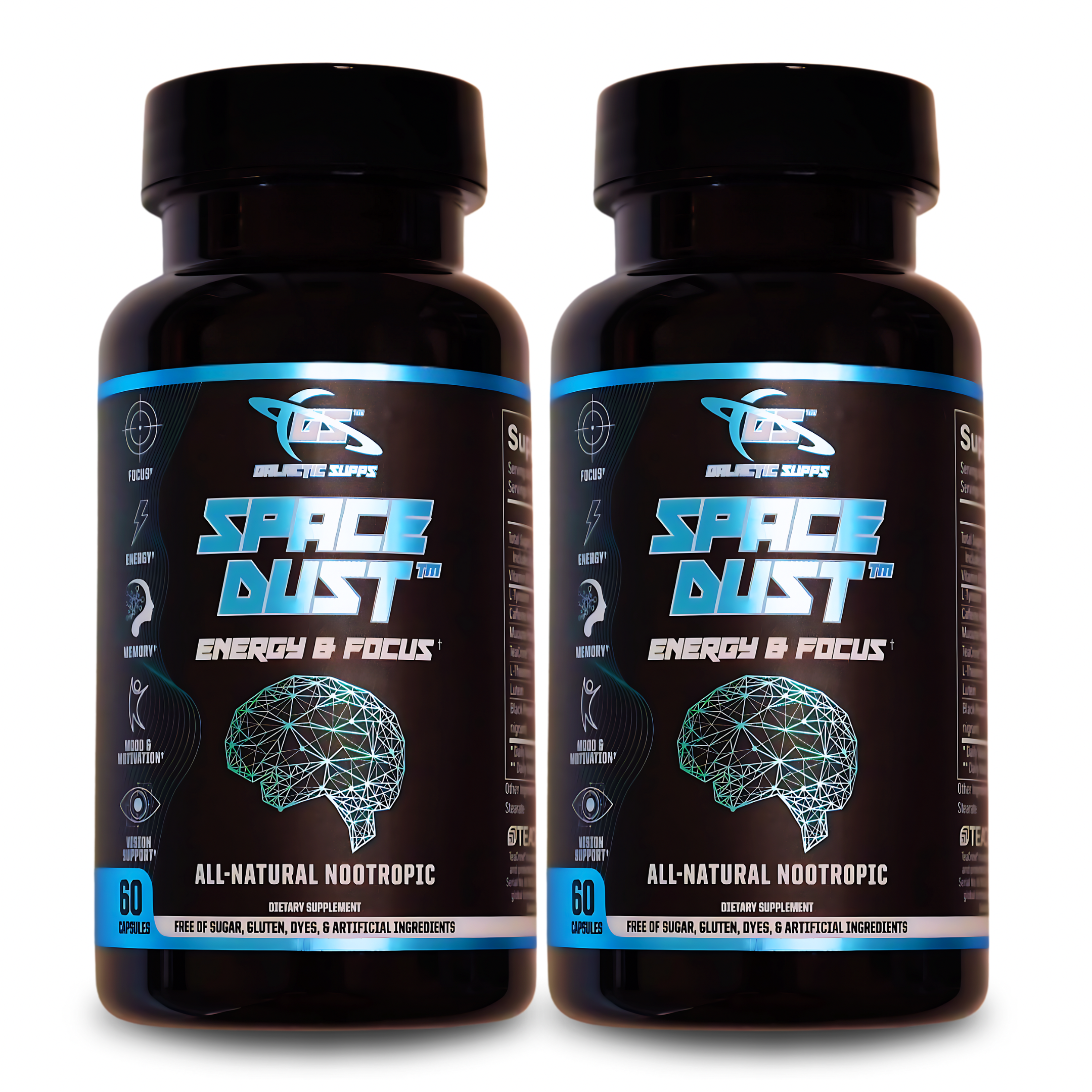 2-pack of Space Dust nootropic brain supplement for energy, focus, and mood — natural caffeine and L-theanine stack
