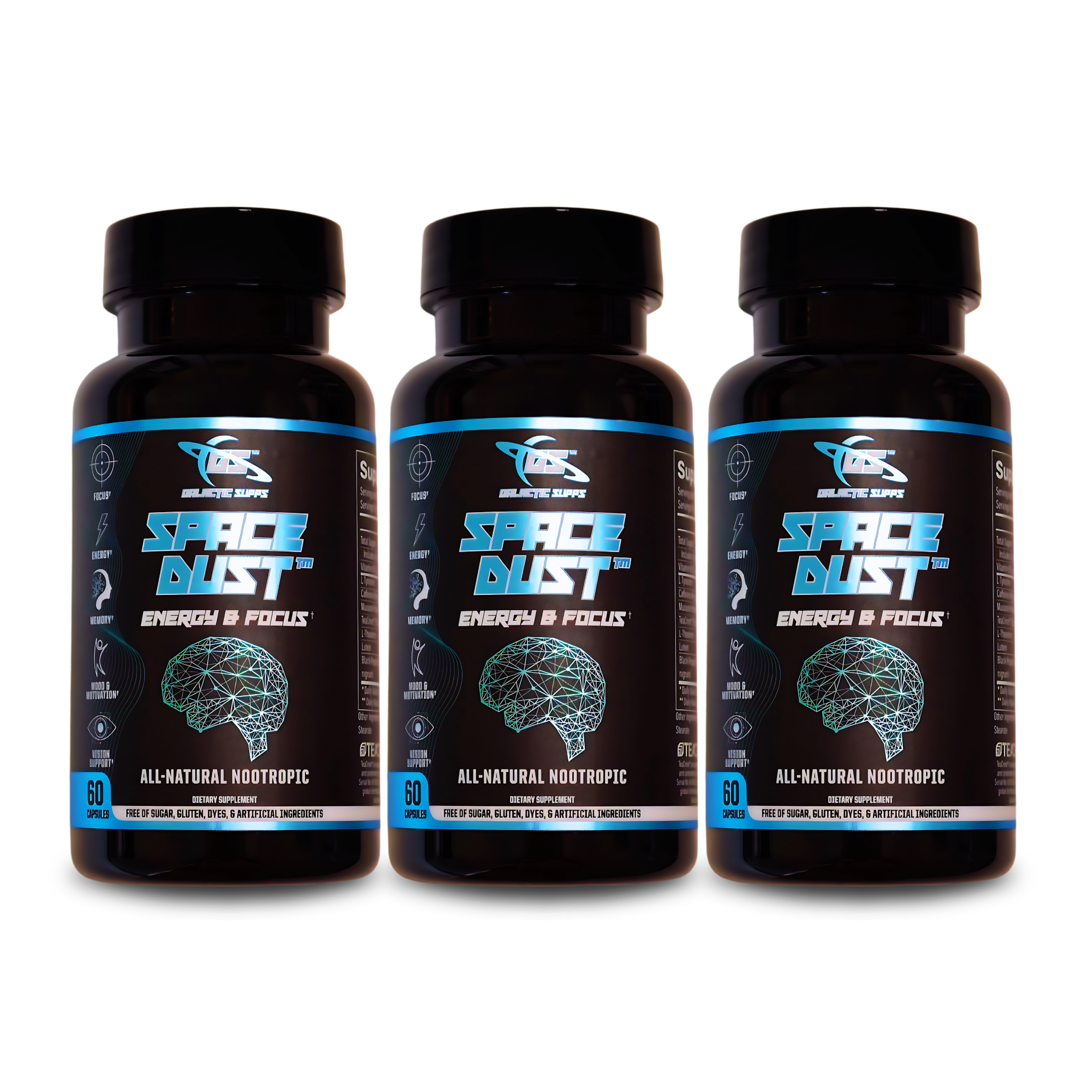 3-bottle bundle of Space Dust energy and focus supplement — daily nootropic with TeaCrine, L-Tyrosine, and dopamine support