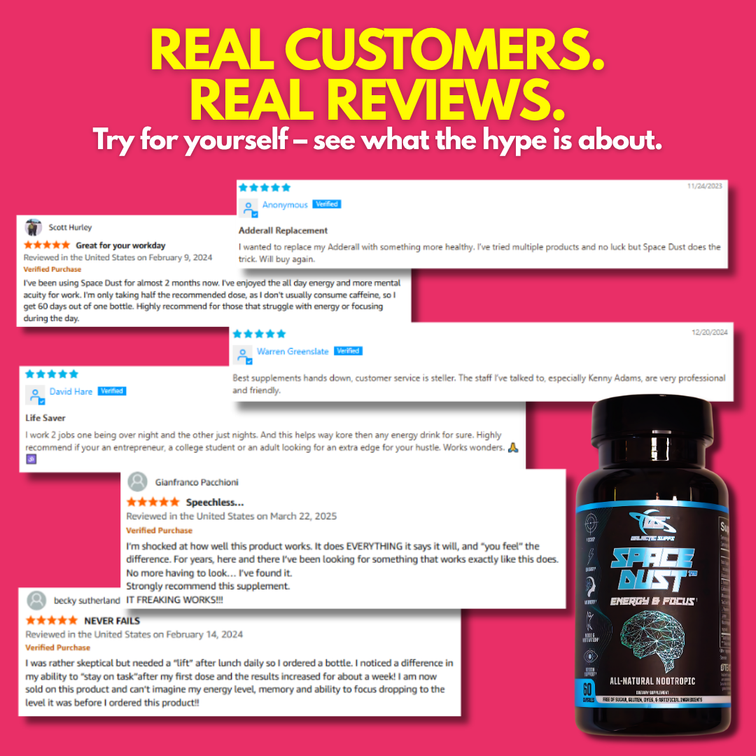 Space Dust™ customer reviews — real testimonials about focus, energy, and performance results.