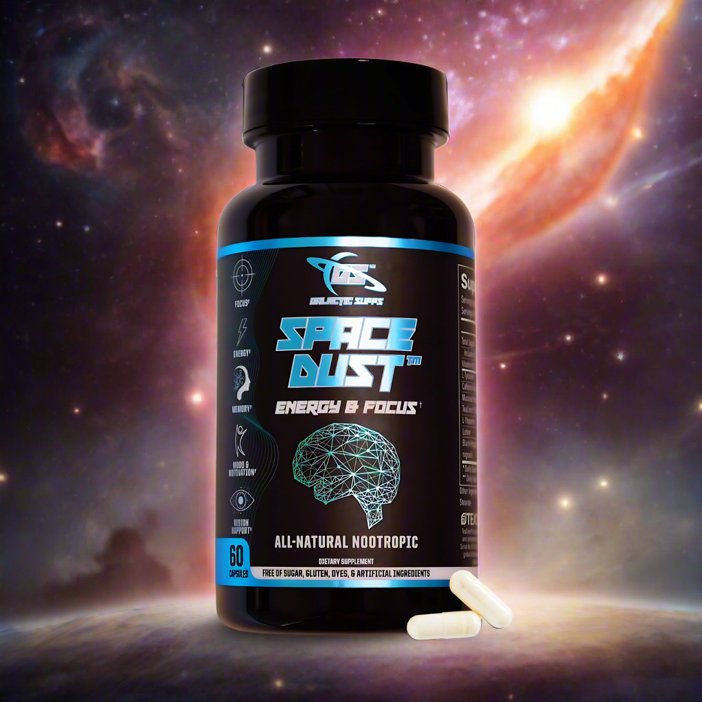 Space Dust energy and focus supplement bottle with cosmic galaxy background — natural nootropic for cognitive performance