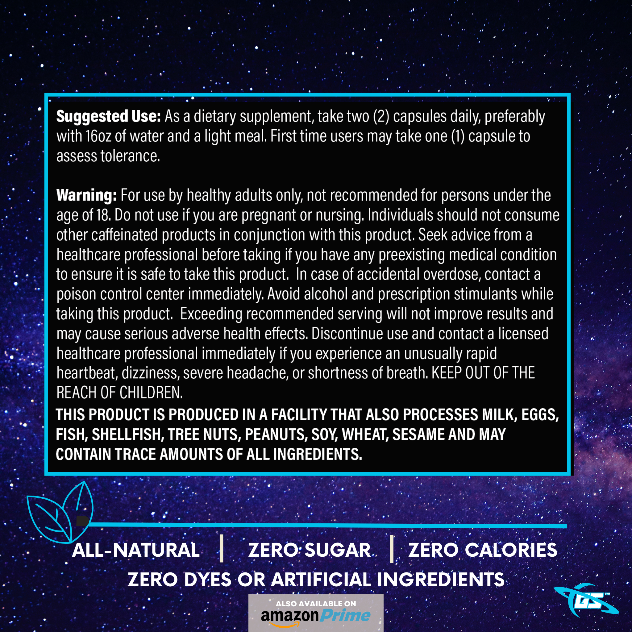 Space Dust usage directions and supplement label showing daily nootropic dosage for energy, focus, mood, and brain support