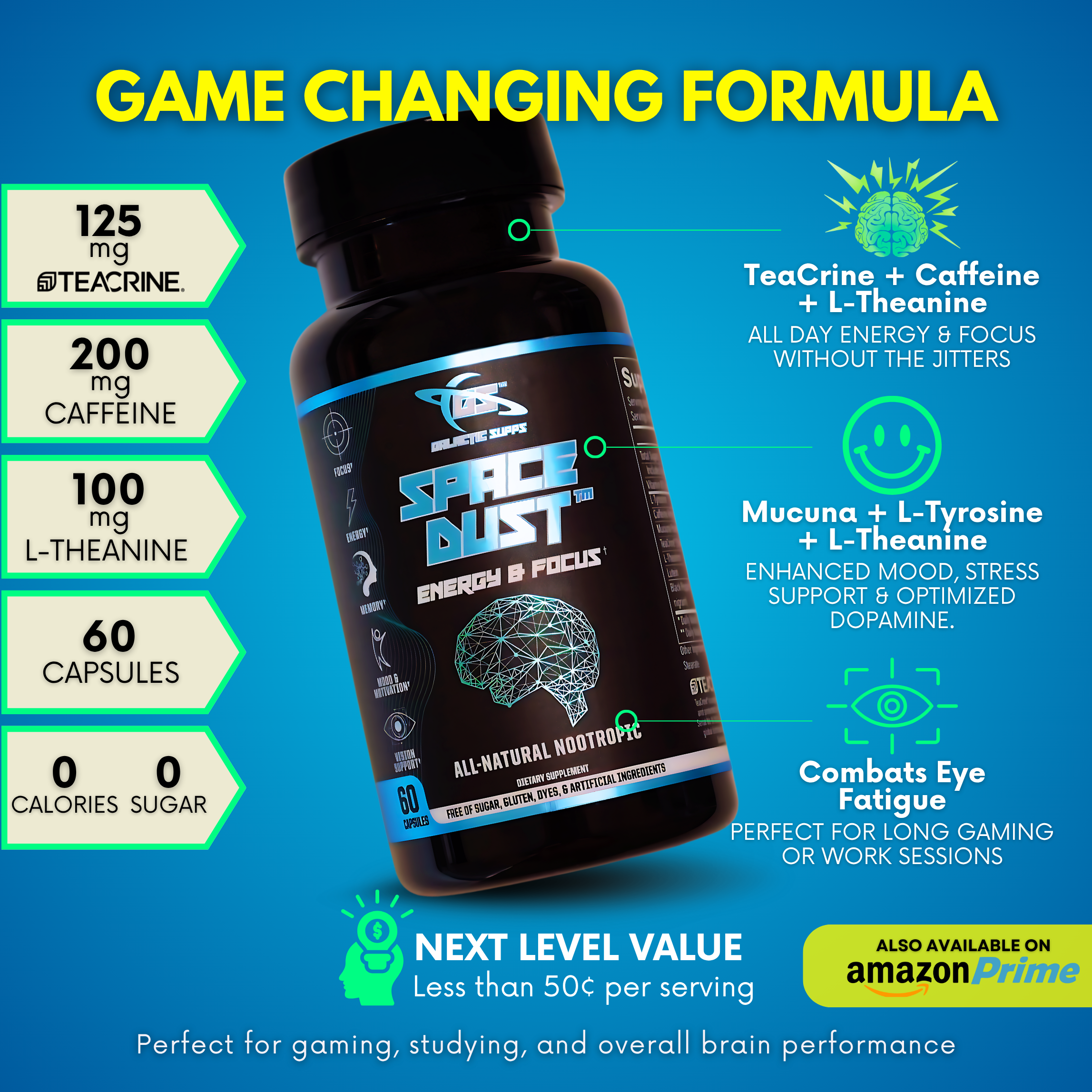 Space Dust nootropic with TeaCrine, Caffeine, and L-Theanine for clean mental energy, reduced brain fog, and screen-related eye fatigue relief