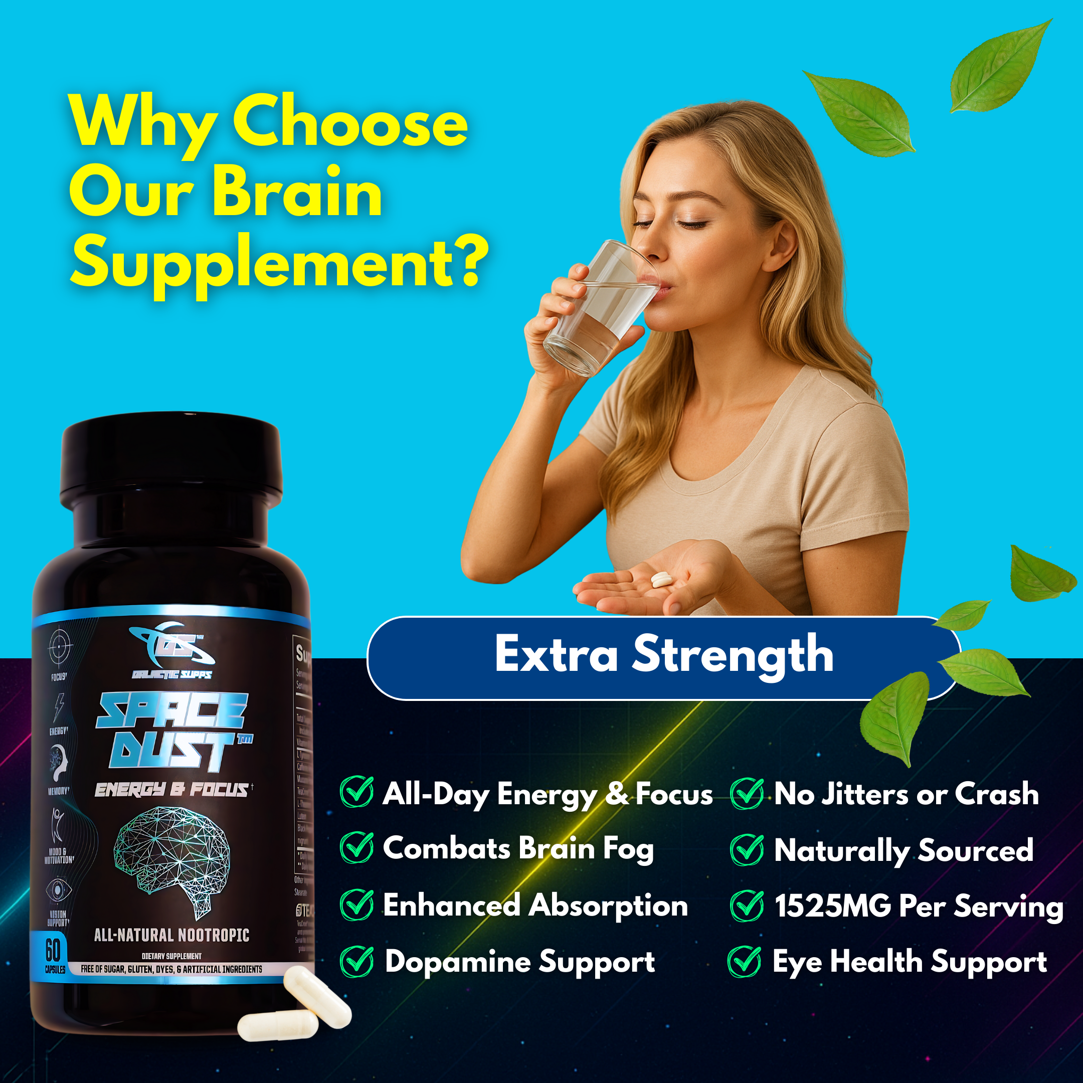 All-day brain and focus supplement with 1525mg dose of natural ingredients — supports dopamine, clean energy, and eye health with no jitters