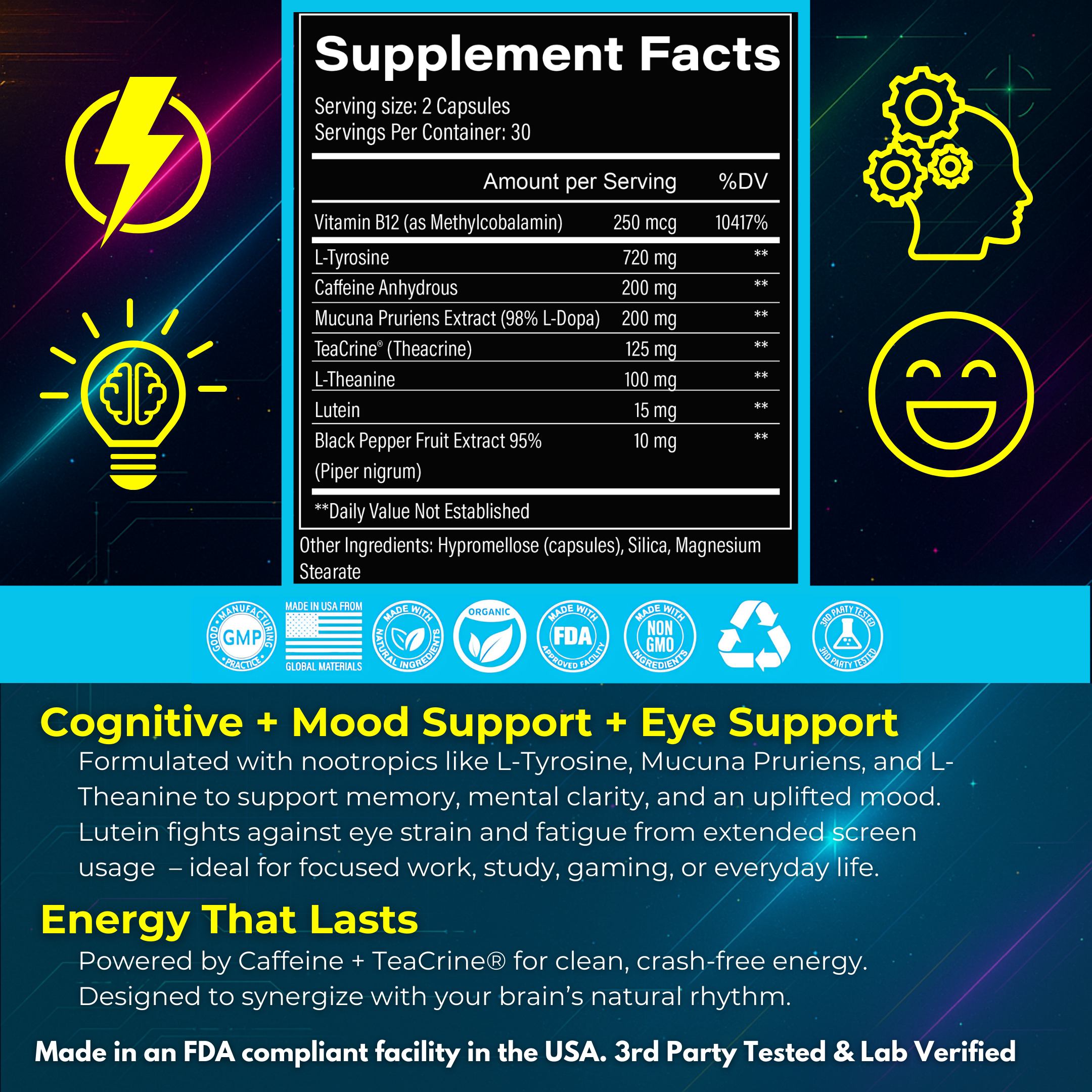 Space Dust ingredients panel with L-Tyrosine, Caffeine, TeaCrine, L-Theanine, Mucuna Pruriens, and Lutein for mood, energy, and vision support