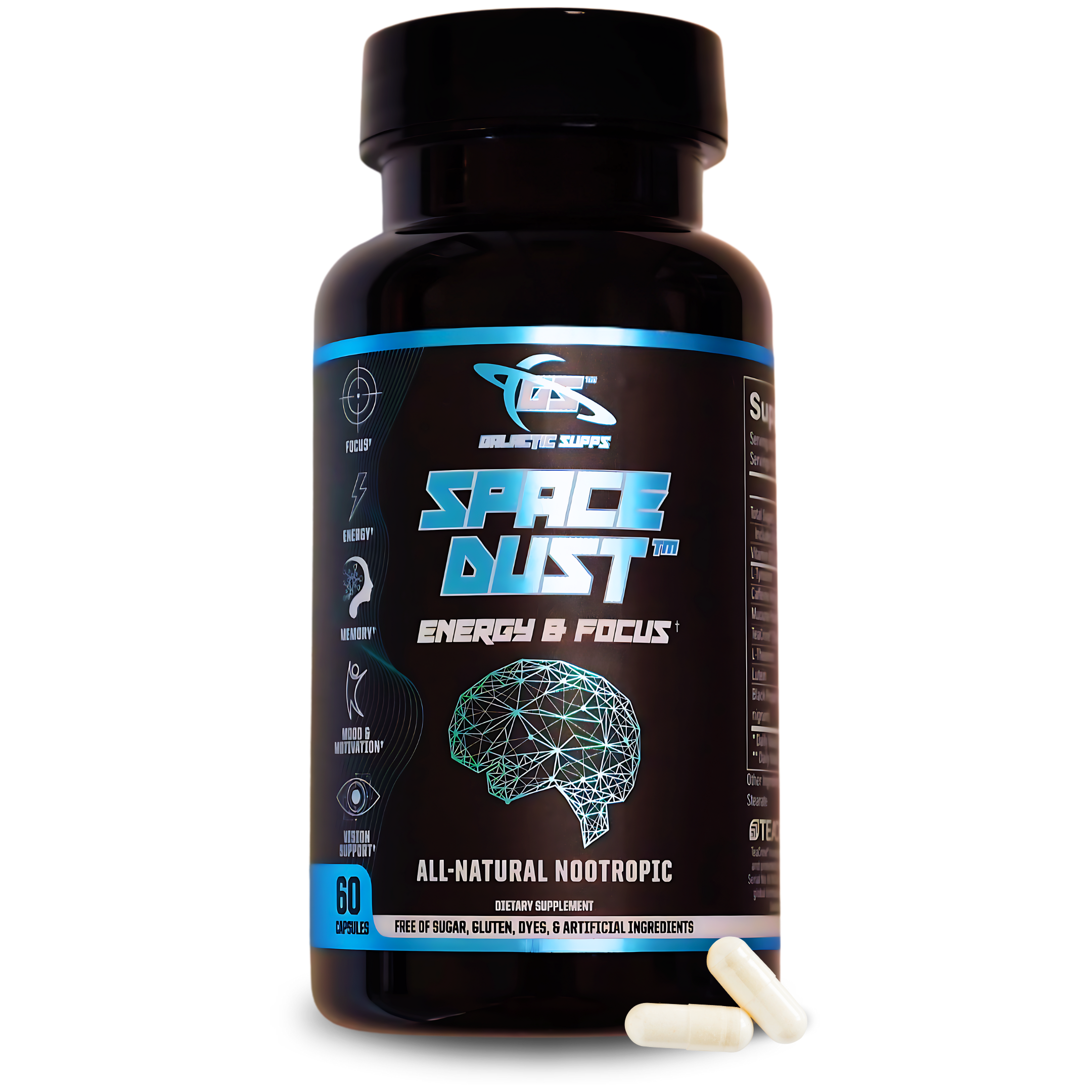 Space Dust nootropic brain supplement for energy, focus, memory, dopamine support, and eye health — 60 capsules per bottle