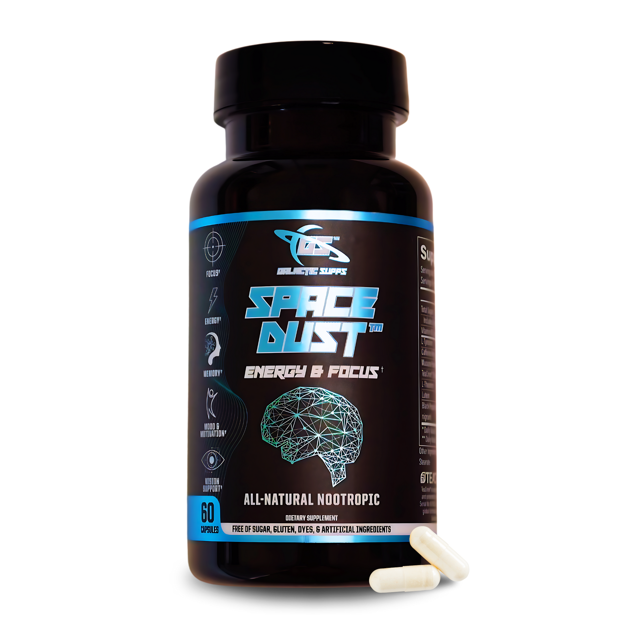 Space Dust nootropic brain supplement for energy, focus, memory, dopamine support, and eye health — 60 capsules per bottle